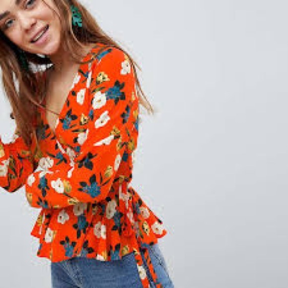 ASOS Red Floral Wrap Long Sleeve V-neck Viscose Blouse Top Size 4 - Picture 2 of 11